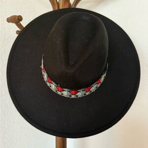 Black Fedora Hat with Red and Gray Patterned Band